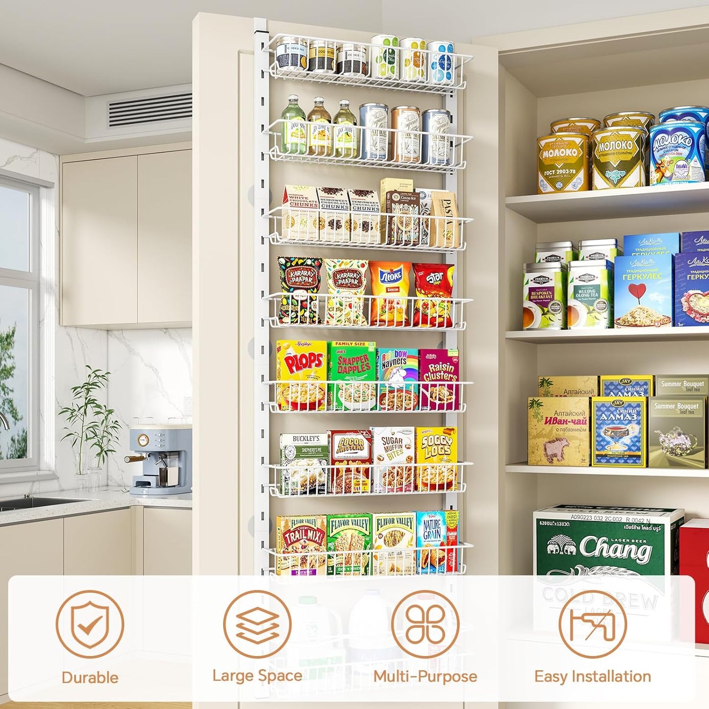 over the Door Pantry Organizer, 8-Tier Adjustable Spice Rack Cabinet Door Shelves, Hanging Seasoning Organizer for Kitchen Bathroom, Laundry Room Organization, White