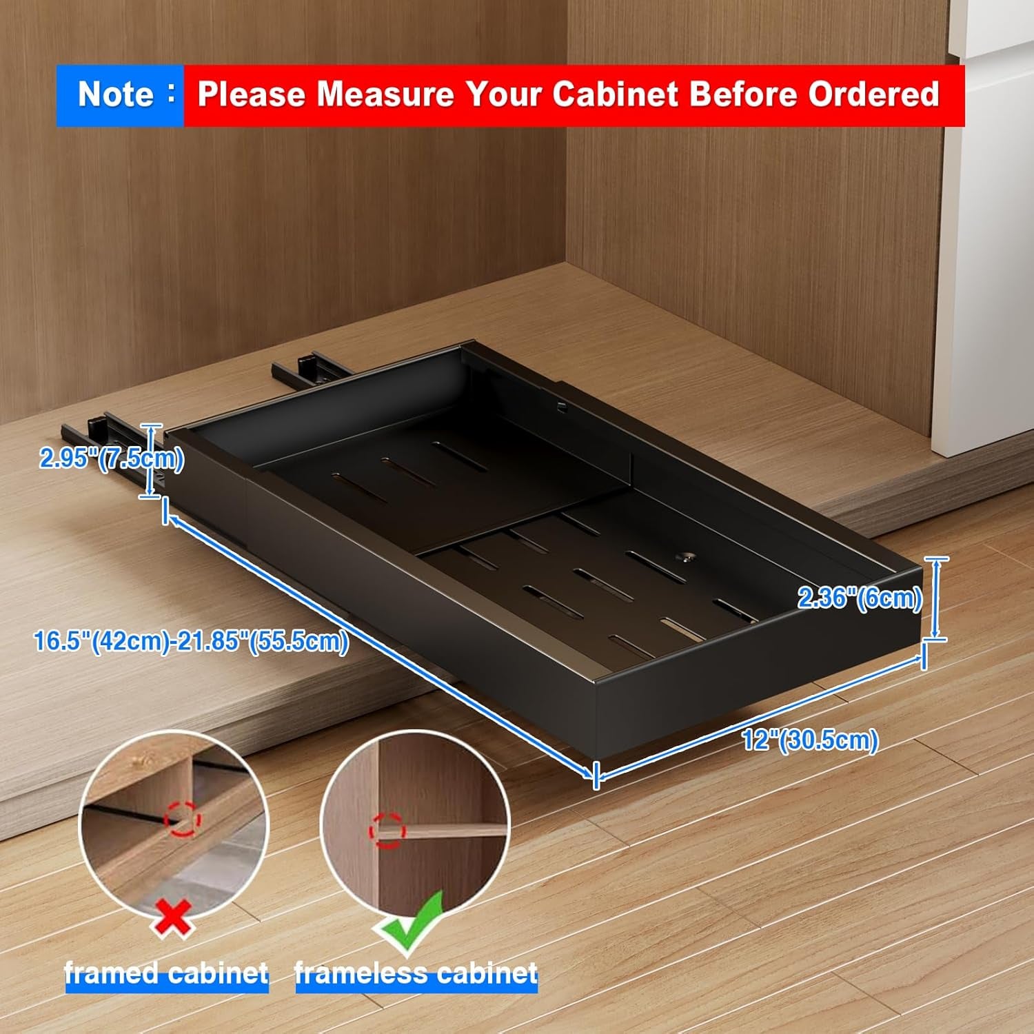 2 Pack Pull Out Cabinet Organizer,21.8" Deep Slide Out Drawer for Cabinets Adhesive Pull Out Drawers Heavy Duty Pull Out Shelves for Kitchen,Cupboard,Pantry,Bathroom-Black