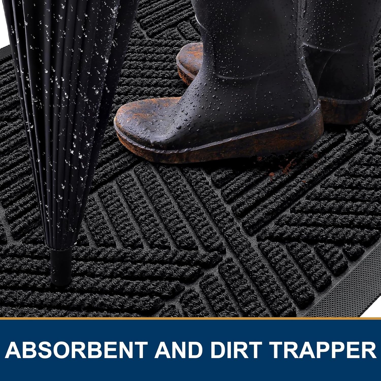 Front Door Mat outside Entrance, Sturdy Natural Dirt Trapper, Heavy Duty Rubber Doormat, Low Profile Non-Slip Backing, Easy Clean Floor Mat for Indoor Outdoor Entry, 29.5X17 Inch, Black