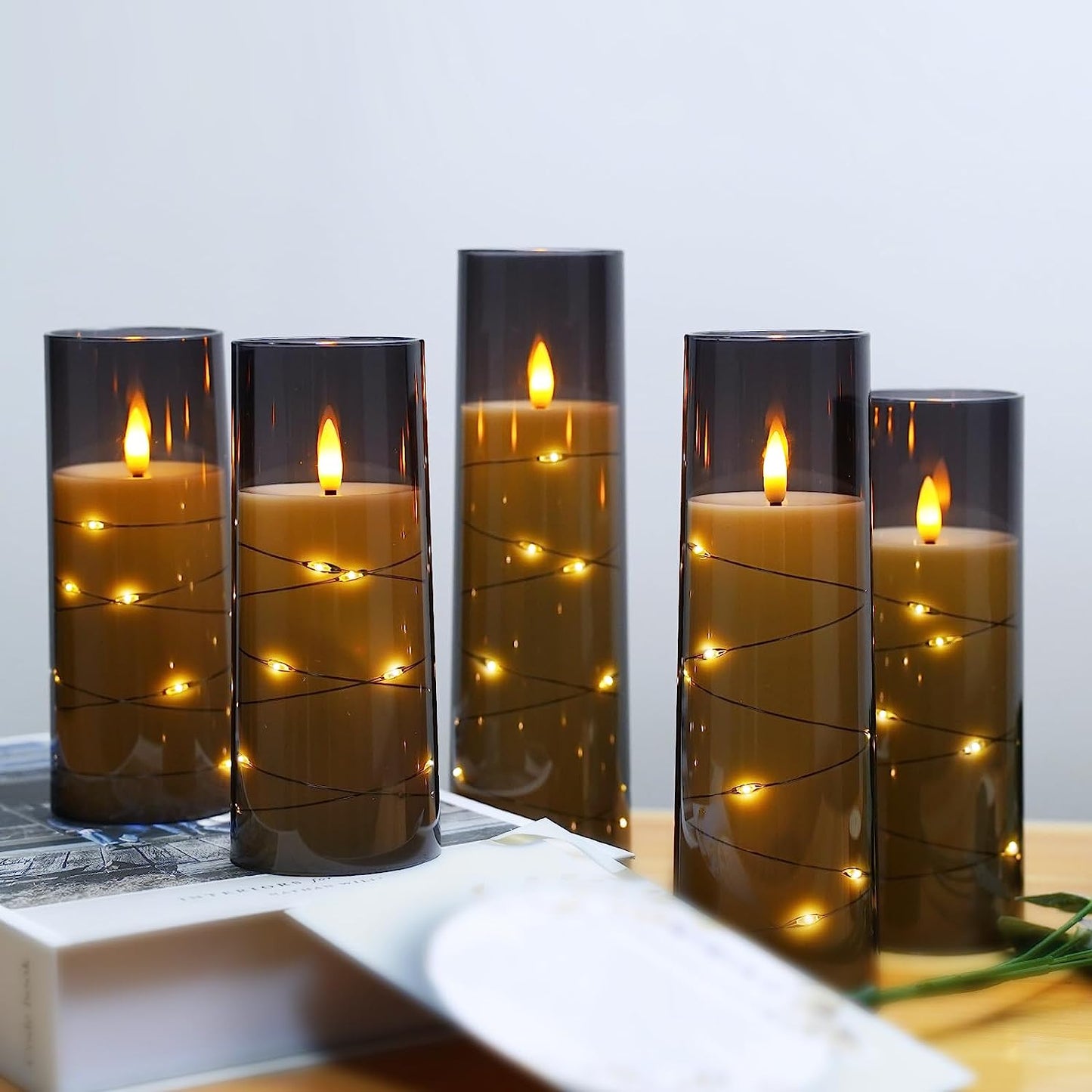 Flameless LED Candles with Timer 5 Pc Flickering Flameless Candles for Romantic Ambiance and Home Decoration Stable Acrylic Shell,With Embedded Star String，Battery Operated Candles（Grey）