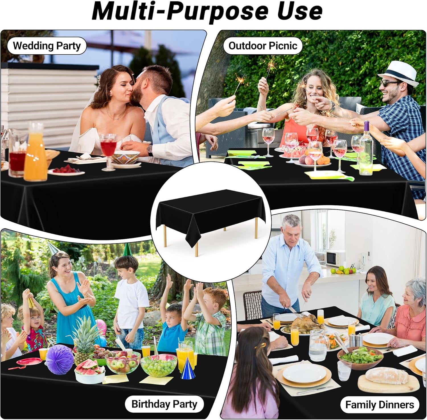 4 PCS Picnic Table Cover with Bench Covers, Black Plastic Table Cloths, 54 X 108 in Disposable Waterproof Rectangle Table Covers for Camping Birthdays Weddings Parties Christmas