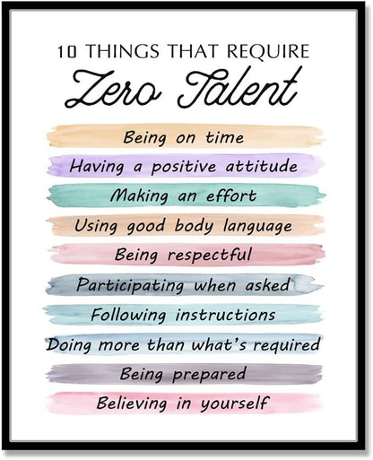 10 Things That Require Zero Talent Quote, Being on Time, Effort Body Language, Motivational Poster, Typography Art, Office Wall Decor, Success Tips, Classroom Decor, No Framed (11X14 INCH)