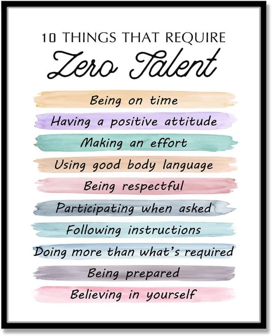 10 Things That Require Zero Talent Quote, Being on Time, Effort Body Language, Motivational Poster, Typography Art, Office Wall Decor, Success Tips, Classroom Decor, No Framed (11X14 INCH)