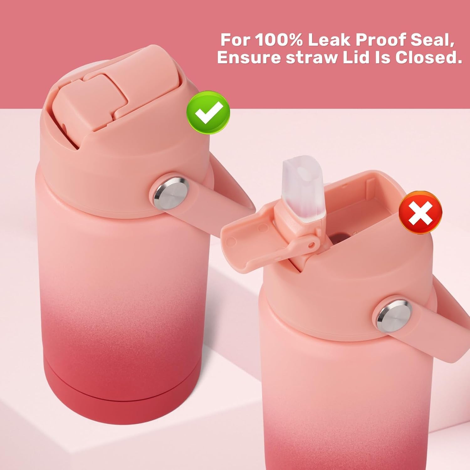 12 Oz Water Bottle, Kids Water Bottles for School, Toddler Cup with Straw & Handle, 304 Stainless Steel Insulated Water Bottle, Non-Slip Silicone Base, BPA Free, Gradient Red