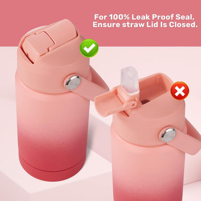 12 Oz Water Bottle, 2 Pack Kids Water Bottles for School, Toddler Water Bottle with Straw & Handle, 304 Stainless Steel Insulated Water Bottle, BPA Free, Gradient Blue+Gradient Red