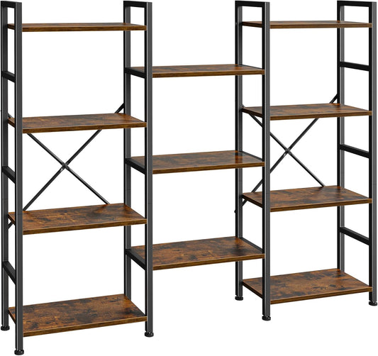 Triple 4-Tier Bookshelf with 11 Open Display Shelves - Wide Bookcase for Home and Office in Rustic Brown Finish