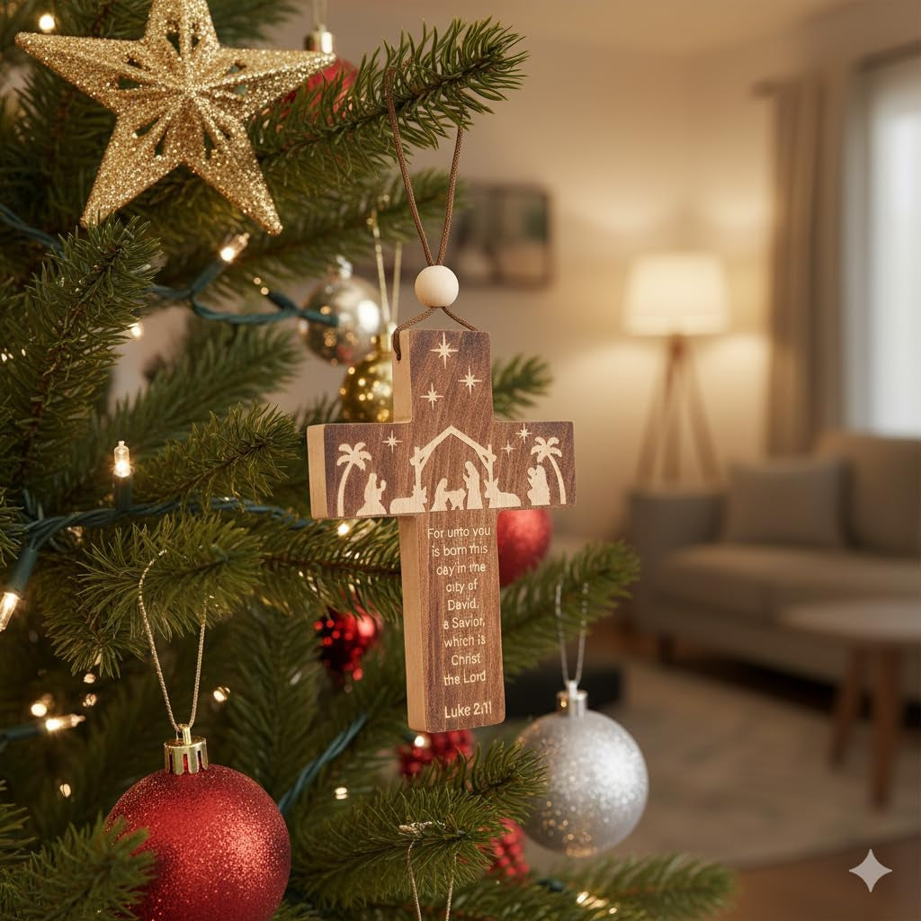 Christian Christmas Ornaments 2025, Engraved Natural Solid Wood Cross Ornament with Holy Scripture Luke 2:11, Nativity Ornaments, a Tradition Story Religious Gifts for Family, Friends, Coworker