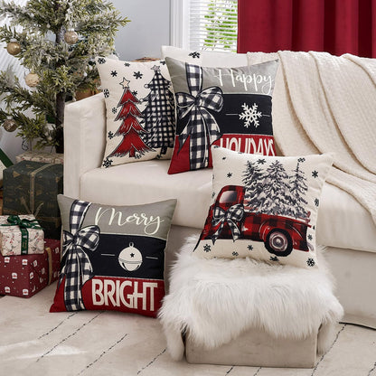Set of 4 Black and Red Decorative Pillow Covers 16X16 Inch Happy Holiday Christmas Tree Throw Pillow Cases Winter Seasonal Cushion Cases Home Decors for Sofa Couch Bedroom