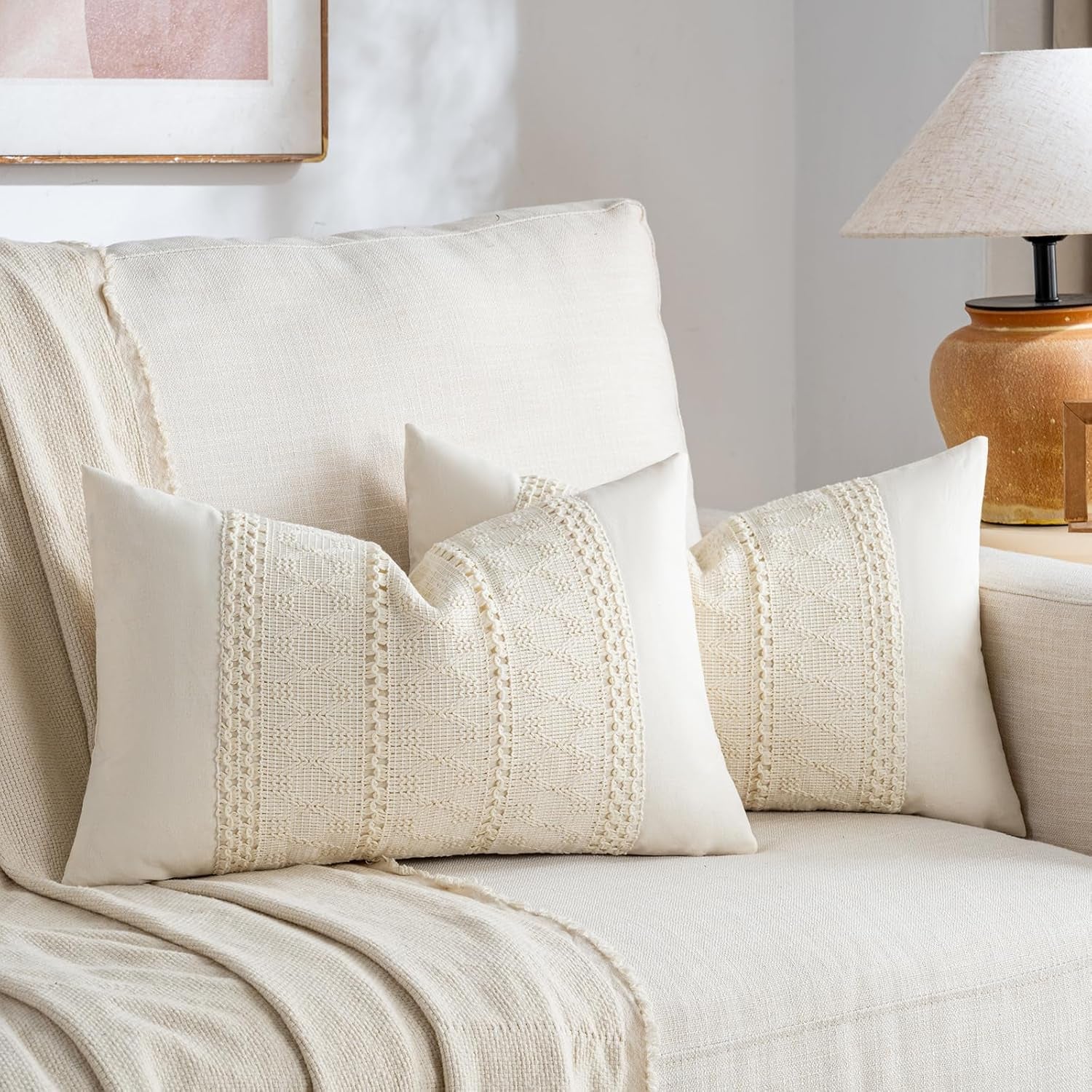 Set of 1 Boho Cream Lumbar Decorative Throw Pillow Cover 12X20 Inch for Couch Bed Sofa Chair, Modern Organic Farmhouse Home Decor, Soft Cotton Cute Accent Rectangle Cushion Case