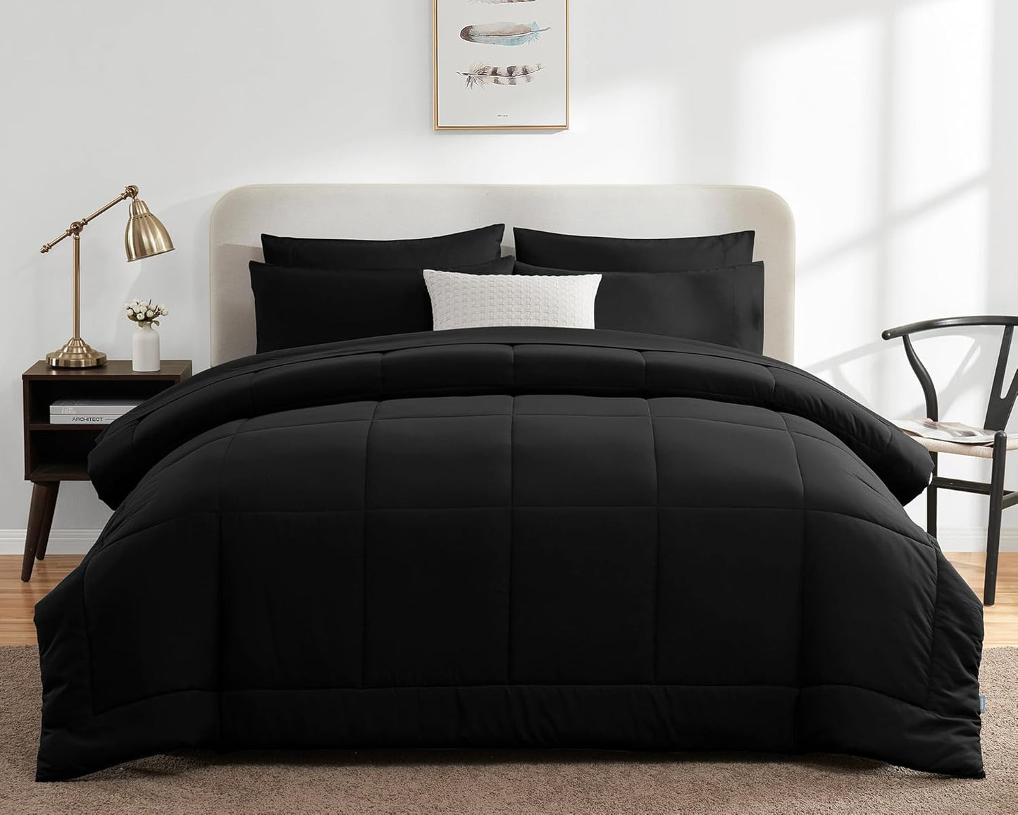 Queen Comforter Set Black 7 Pieces Bed in a Bag Black Premium Comforters Queen Size Bed Set Bedding Sets Queen with All Season Stitch Quilted Comforter, Flat Sheet, Fitted Sheet, Pillowcases