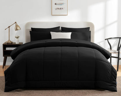 Queen Comforter Set Black 7 Pieces Bed in a Bag Black Premium Comforters Queen Size Bed Set Bedding Sets Queen with All Season Stitch Quilted Comforter, Flat Sheet, Fitted Sheet, Pillowcases