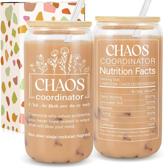 Chaos Coordinator 18 OZ Glass Cup - Gifts for Women, Boss, Teacher, Nurse - Administrative Professional Day & Birthday Occasions