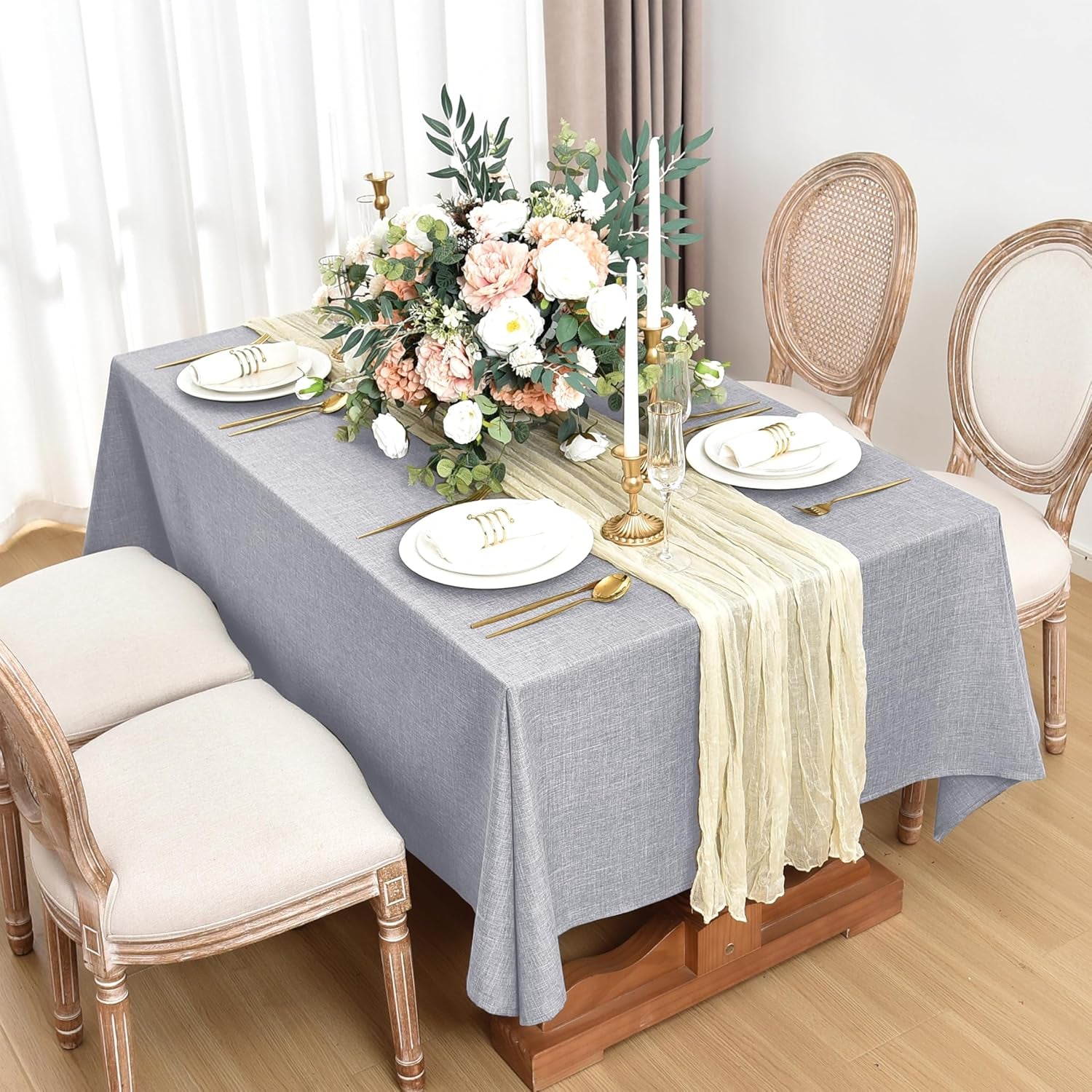 Faux Linen Rectangle Tablecloths: Water and Stain Resistant Farmhouse Style, Washable Burlap Textured Covers for Kitchen and Dining Events (2 Pack, 52x70 Inch, Light Grey)