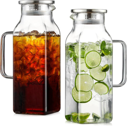 2 Pack 2 Liters/68 Oz Square Glass Pitcher with Lid and Handle for Fridge, Iced Tea and Coffee Carafe Beverage Serveware, Heat Resistant Borosilicate Water Jug for Hot/Cold Drinks and Milk