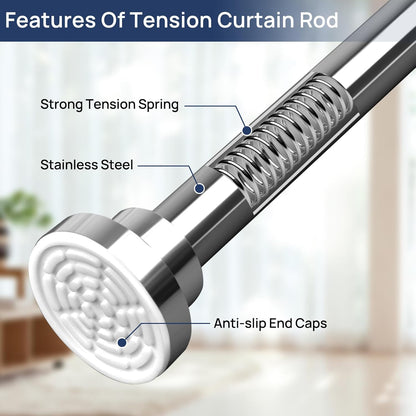 2 Pack Adjustable Spring Tension Curtain Rods 32 to 66 Inches, Stainless Steel Chrome Shower Rod No Drilling for Window, Bathroom, Closet, Room Divider, 7/8" Diameter