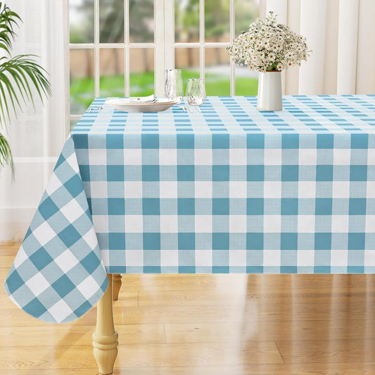 Rectangle Waterproof Vinyl Table Cloth, Buffalo Flannel Backed Tablecloth, Wipeable Plastic Table Cover for Dinner, Kitchen, Outdoor (60" X 84", Aquamarine and White)