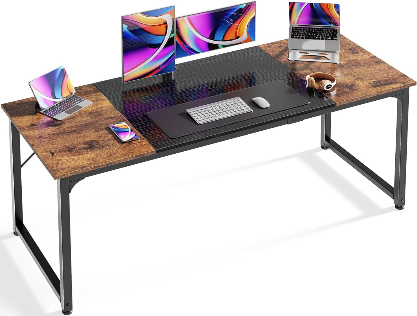 63-Inch Modern Office Desk with Metal Frame, Rustic Brown and Black Finish, Ideal for Home Office, Gaming, and Study Use, Spacious Design with Large Legroom