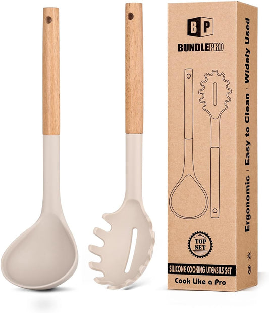 Silicone Pasta Fork and Ladle Spoon Set with Wooden Handle, Heat Resistant Non Stick Kitchen Utensils for Cooking, Stirring, Serving Spaghetti, Soup, Sauce(Khaki)