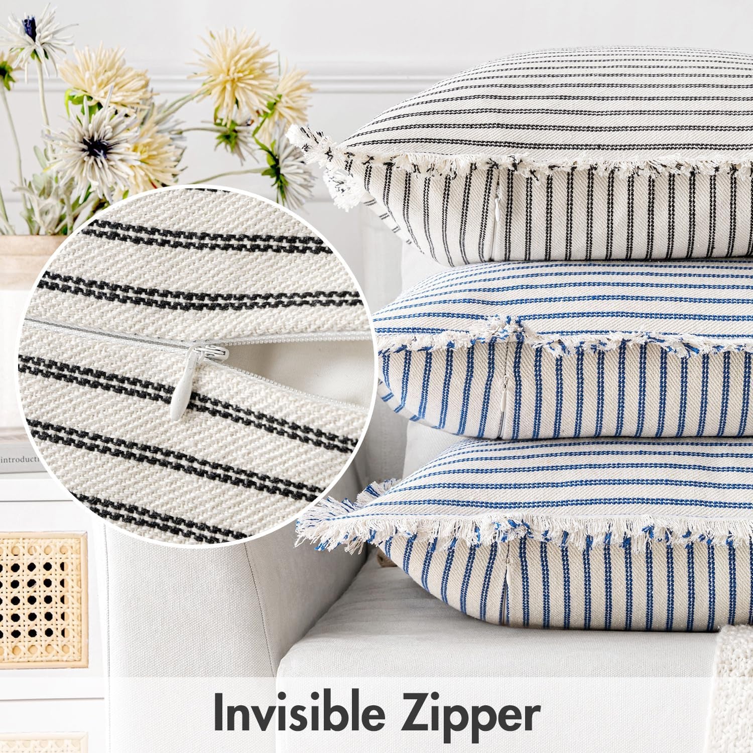 Pack of 2 Black Pillow Covers 20X20 Inch Striped Farmhouse Couch Throw Pillow Covers with Fringe Chic Linen Decorative Cushion Covers for Sofa Living Room Bed Outdoor Home Decor