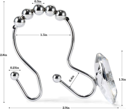 Shower Curtain Hooks, 12 Pcs Crystal Shower Curtain Rings, Stainless Steel Rust Proof Double Shower Hooks for Curtains, Shower Curtain & Liner Decor (Crystal White)