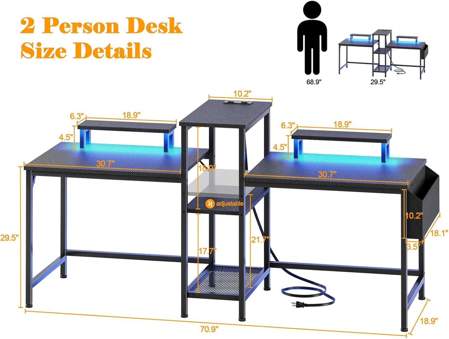 2 Person Gaming Desk with LED Lights, 71 Inch Computer Desk with Power Outlets and Monitor Stand, Double Desk with Storage Bag and Headphone Hooks, Study Writing Table for Home Office, Black