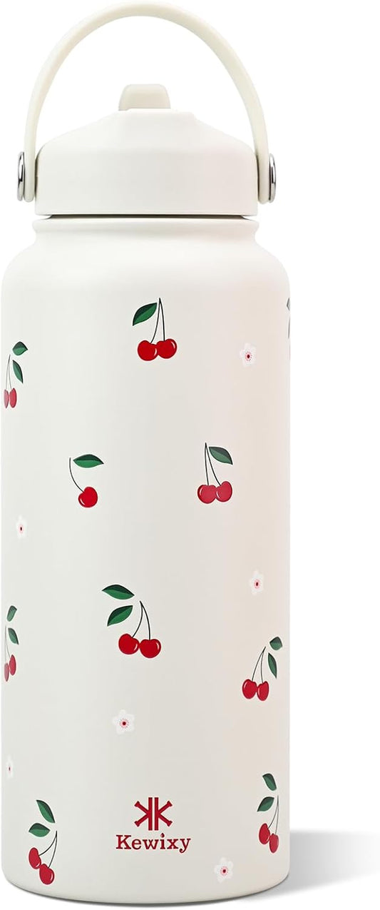 32 Oz Stainless Steel Insulated Water Bottle with Flip Straw and Handle - Leak Proof, Reusable, Wide Mouth Design for Travel, Gym, and School (Cream Cherry)