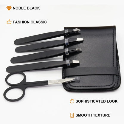 5-Piece Premium Set Matte Black Stainless Steel Eyebrow Tweezers Kit with 4 Precision Tips (Slant/Pointed/Flat/Rounded) & Sharp Grooming Scissors for Facial Hair Removal & Splinter Extraction