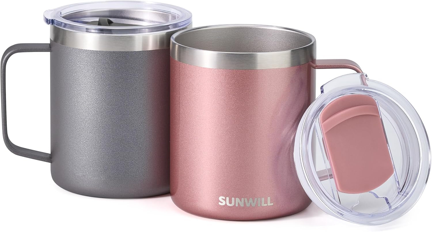 Travel Coffee Mug with Lid, Insulated Tumbler with Handle, 14 Oz Stainless Steel Cup Set of 2 for Camping, Outdoor, Cool Grey & Rose Gold 2 Pack