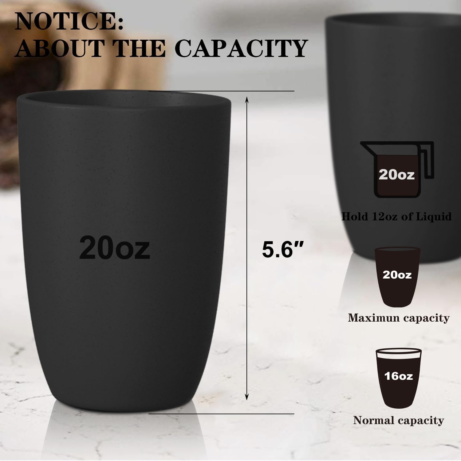 Set of 8 Durable Wheat Straw Drinking Cups - 20 OZ Reusable and Dishwasher Safe in Black