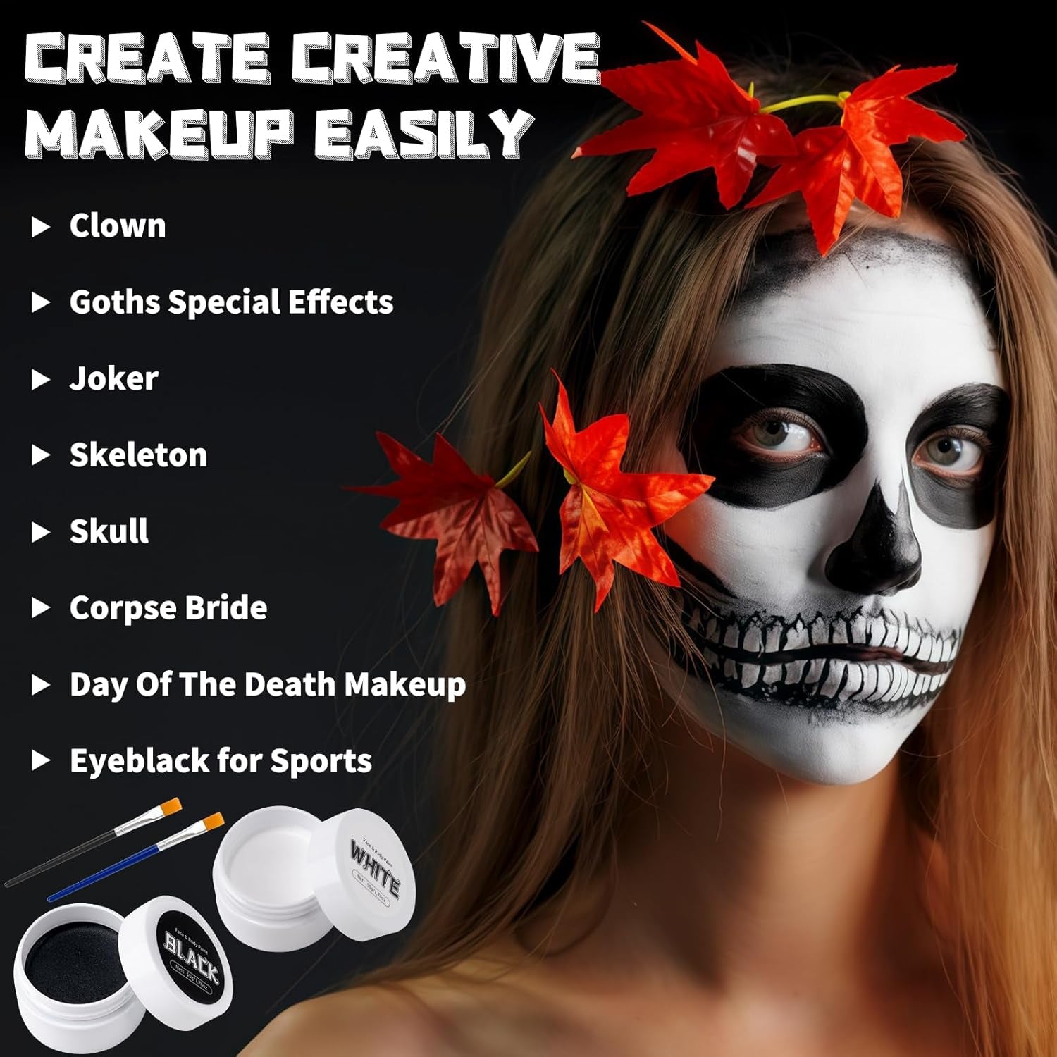 Black + White Face Body Paint Set 3.5Oz/100G, Non-Toxic Professional Facepaint Makeup Kit with 2 Brushes for Kids & Adults Art Theater Halloween Party Cosplay Clown Corpse Goth SFX Makeup