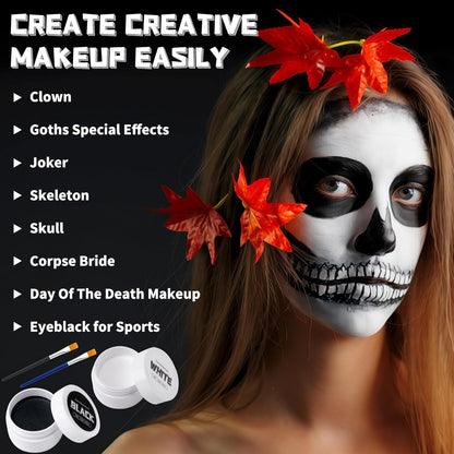 Black + White Face Body Paint Set 3.5Oz/100G, Non-Toxic Professional Facepaint Makeup Kit with 2 Brushes for Kids & Adults Art Theater Halloween Party Cosplay Clown Corpse Goth SFX Makeup