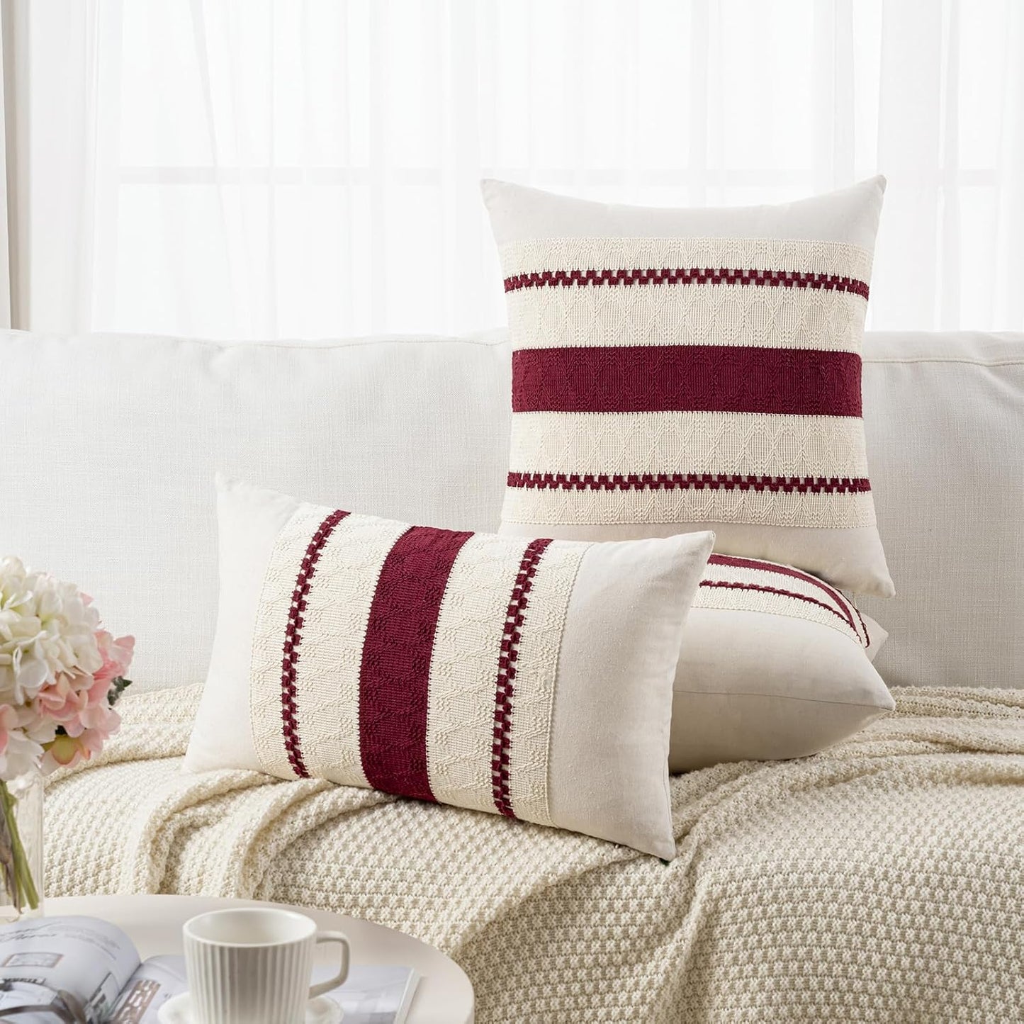 Set of 1 Burgundy Boho Long Lumbar Decorative Throw Pillow Cover 12X20 Inch for Couch Bed Sofa, Aesthetic Modern Farmhouse Christmas Room Decor, Soft Cotton Cute Wind Red Cushion Case