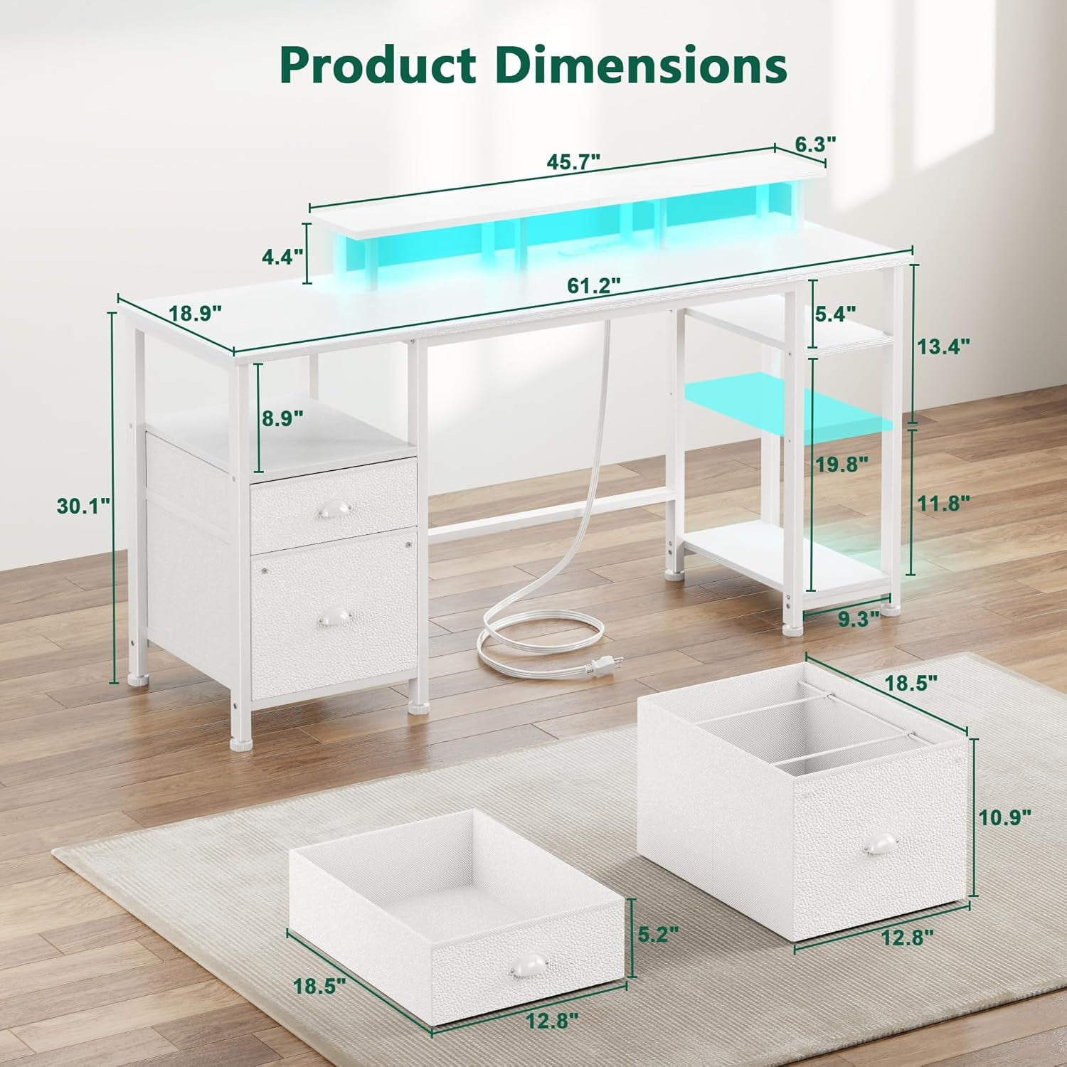 61" Computer Desk with Power Outlet and LED Lights, Reversible Gaming Desk with File Cabinet & Monitor Stand for Home Office, Large Work Table with Storage Shelves & Drawer, White