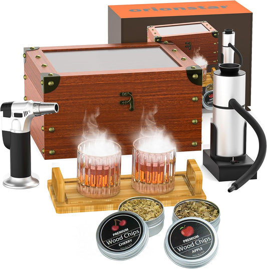 Cocktail Smoking Kit with Torch, Food Tray, and Apple & Cherry Wood Chips - Whiskey Infuser Set for Old Fashioned Drinks - Ideal Bourbon Gifts for Men (Excludes Butane and Cup)