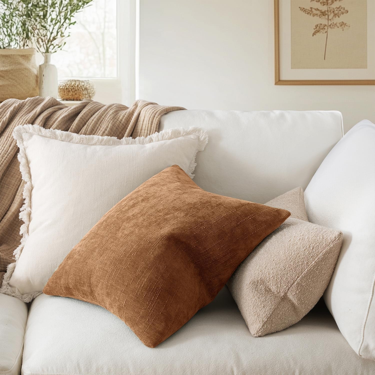 Pack of 2 Decorative Throw Pillow Covers Soft Chenille Throw Pillows Solid Neutral Farmhouse Textured Cushion Covers for Couch Sofa Bedroom Living Room 18X18 Inch, Brown