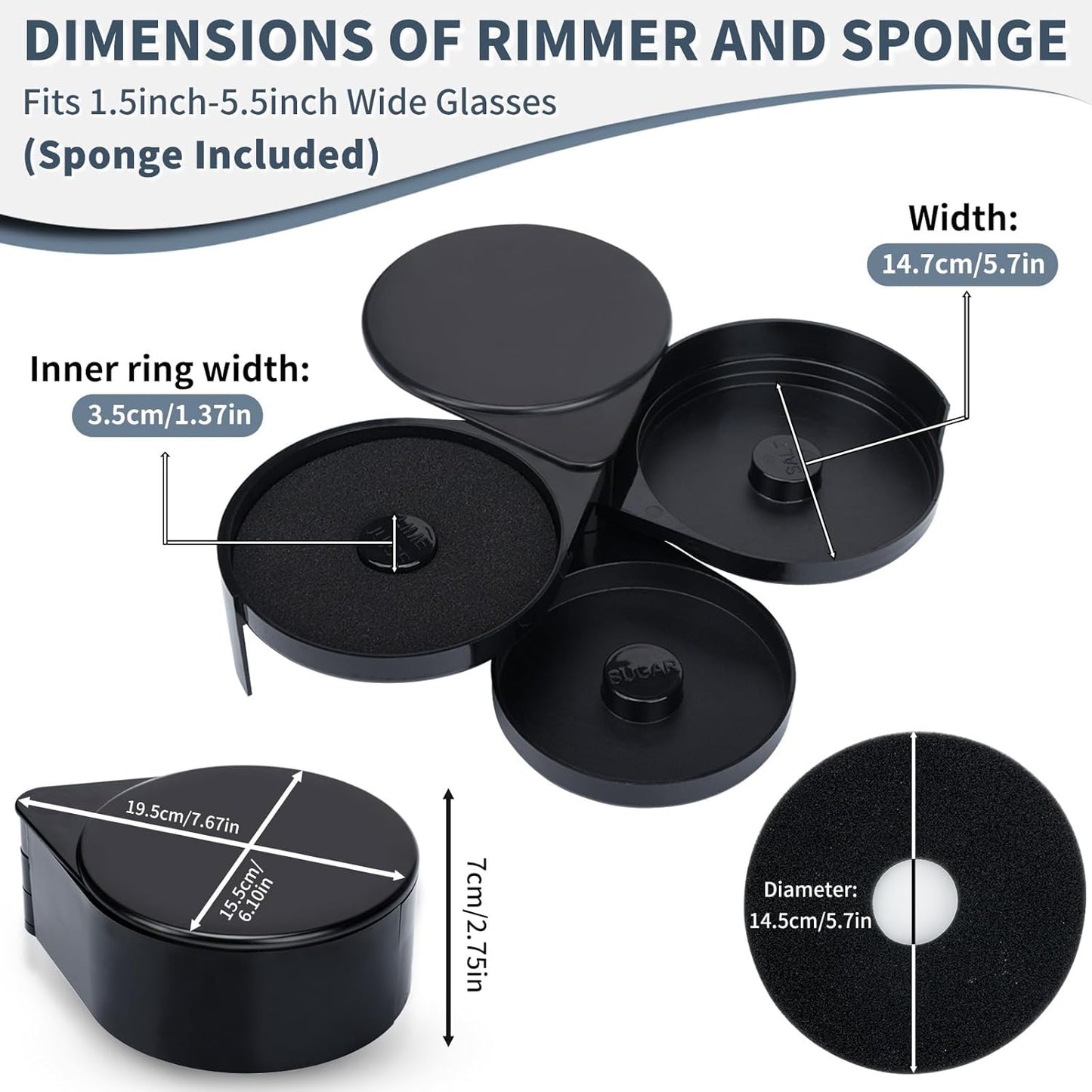 Margarita Salt Rimmer Set, New Upgraded 1 Pack 3 Tier Bar Glass Rimmer Black Plastic Sugar and Salt Rimmer Box with Sponge for Cocktail Bartender Tool
