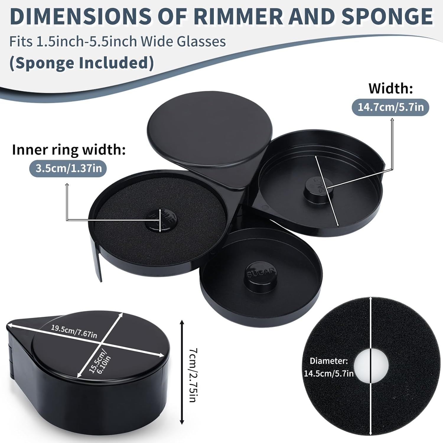 Margarita Salt Rimmer Set, New Upgraded 1 Pack 3 Tier Bar Glass Rimmer Black Plastic Sugar and Salt Rimmer Box with Sponge for Cocktail Bartender Tool