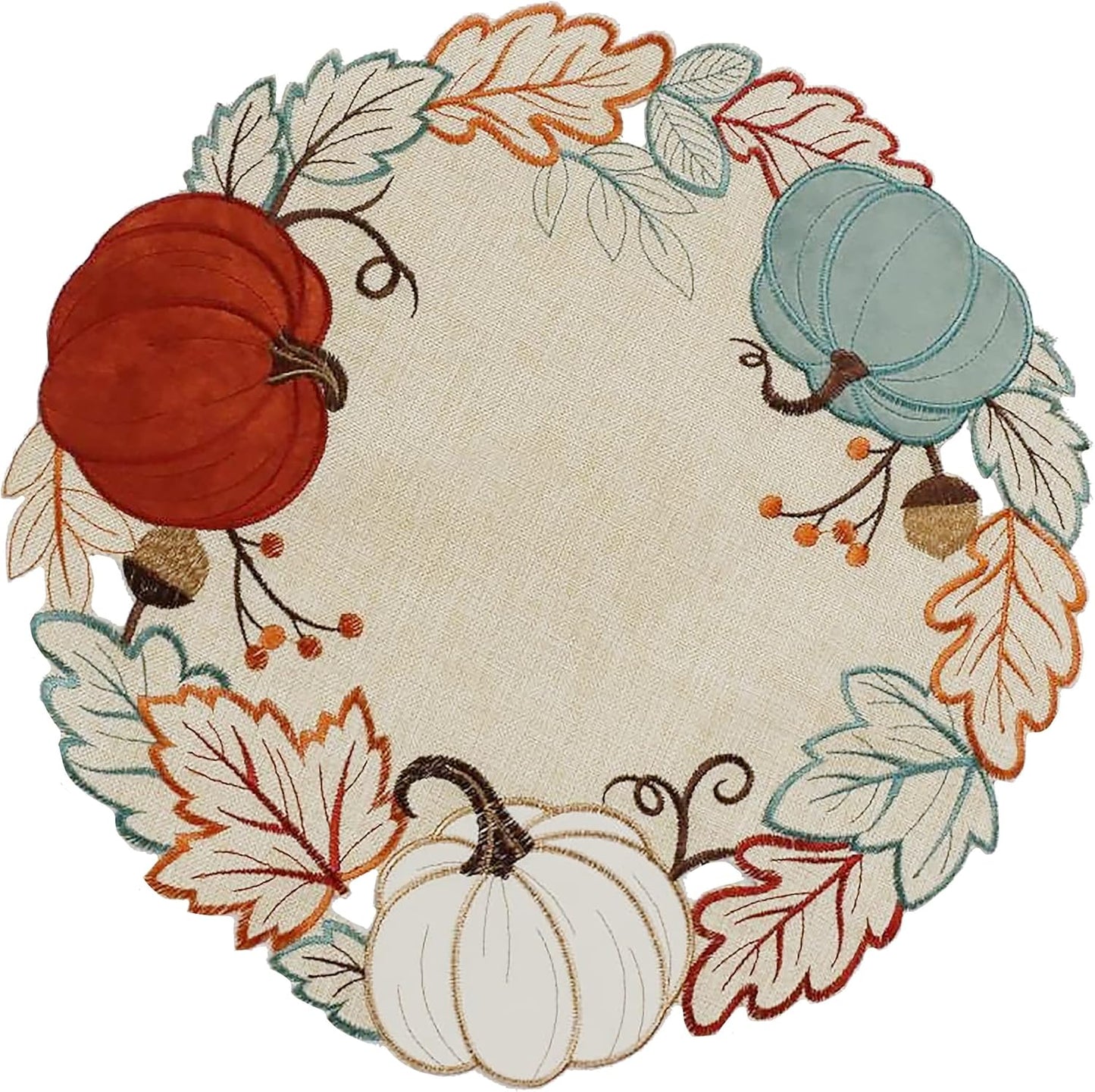 Thanksgiving Placemats Set of 4, Fall Pumpkins round Placemats, Embroidered Harvest Pumpkin Farmhouse Placemat for Dining Table, Fall Decor for Home, Halloween Table Decorations