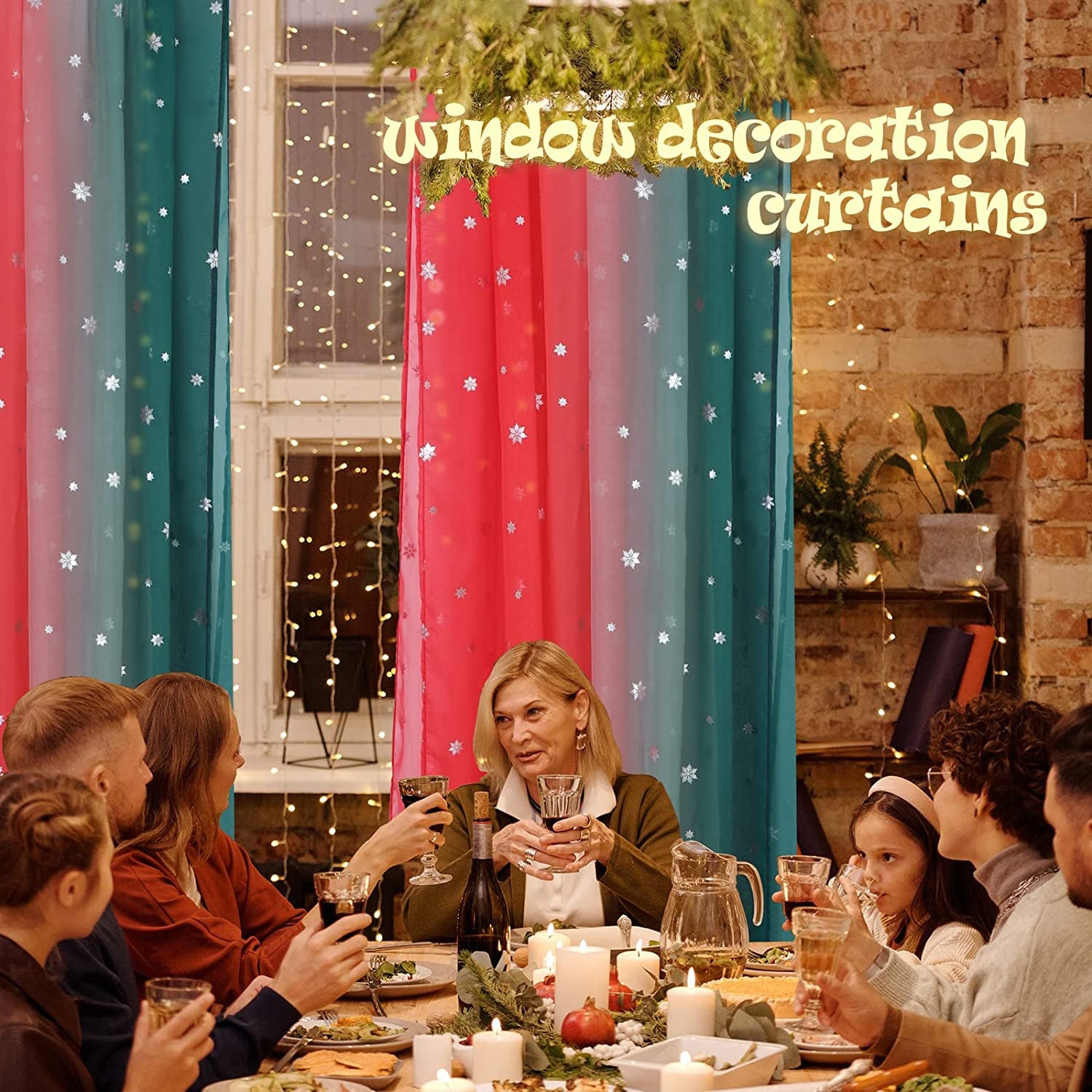 Christmas Party Scarf Curtains Snow Print Window Decoration for Living Room, Soft Ombre Sheer Voile Scarf Valance for Window, Set of 1 Panel (52 X 144 Inch, Red and Green)