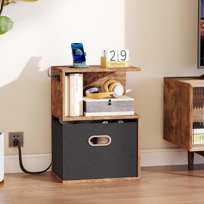 Nightstand with Charging Station and Drawer, 3 Tier End Table with Open Shelf, Wood S Shaped Bedside Table with Storage for Living Room/Bedroom/Small Space, Rustic Brown