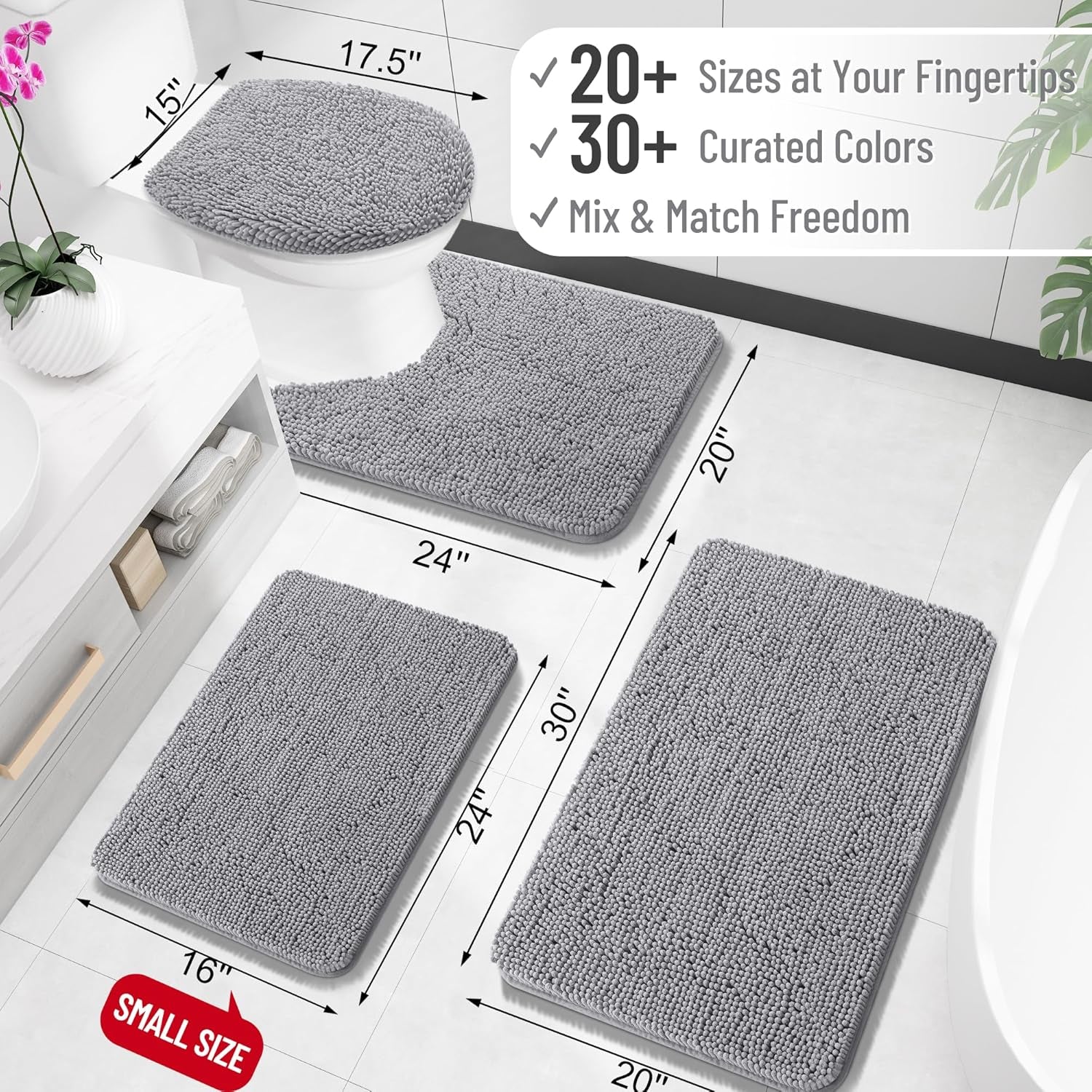 Bathroom Rugs 24X16, Extra Soft Absorbent Chenille Bath Rugs, Rubber Backing Quick Dry, Machine Washable Bath Mats for Bathroom Floor, Tub and Shower, Home Decor Accessories, Grey