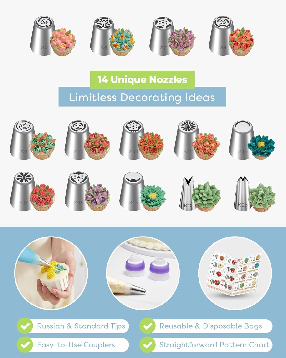 48Pcs Russian Piping Tips Set, Piping Bags and Tips Set with 12 Russian Tips, 2 Icing Tips, 30+1 Pastry Bags, 3 Couplers for Cake Decorating, Cupcake, Cookie, Baking