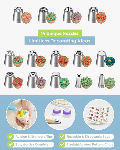 48Pcs Russian Piping Tips Set, Piping Bags and Tips Set with 12 Russian Tips, 2 Icing Tips, 30+1 Pastry Bags, 3 Couplers for Cake Decorating, Cupcake, Cookie, Baking