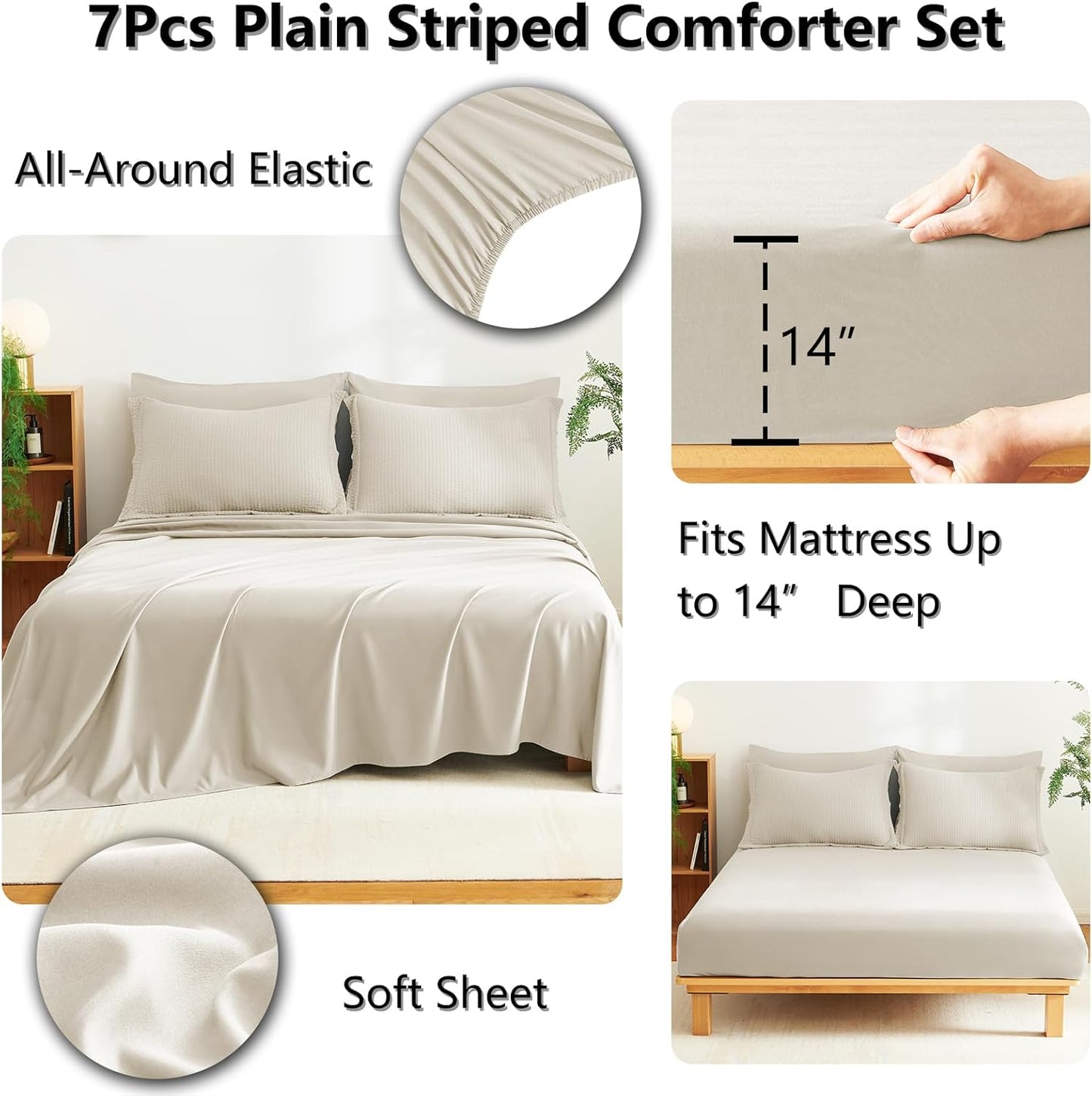 Queen Comforter Set - 7 Pieces Seersucker Bed in a Bag, Soft Lightweight Boho Bedding Set with All Season Comforters Queen Size, Sheets, Pillowcases & Shams, Beige Queen