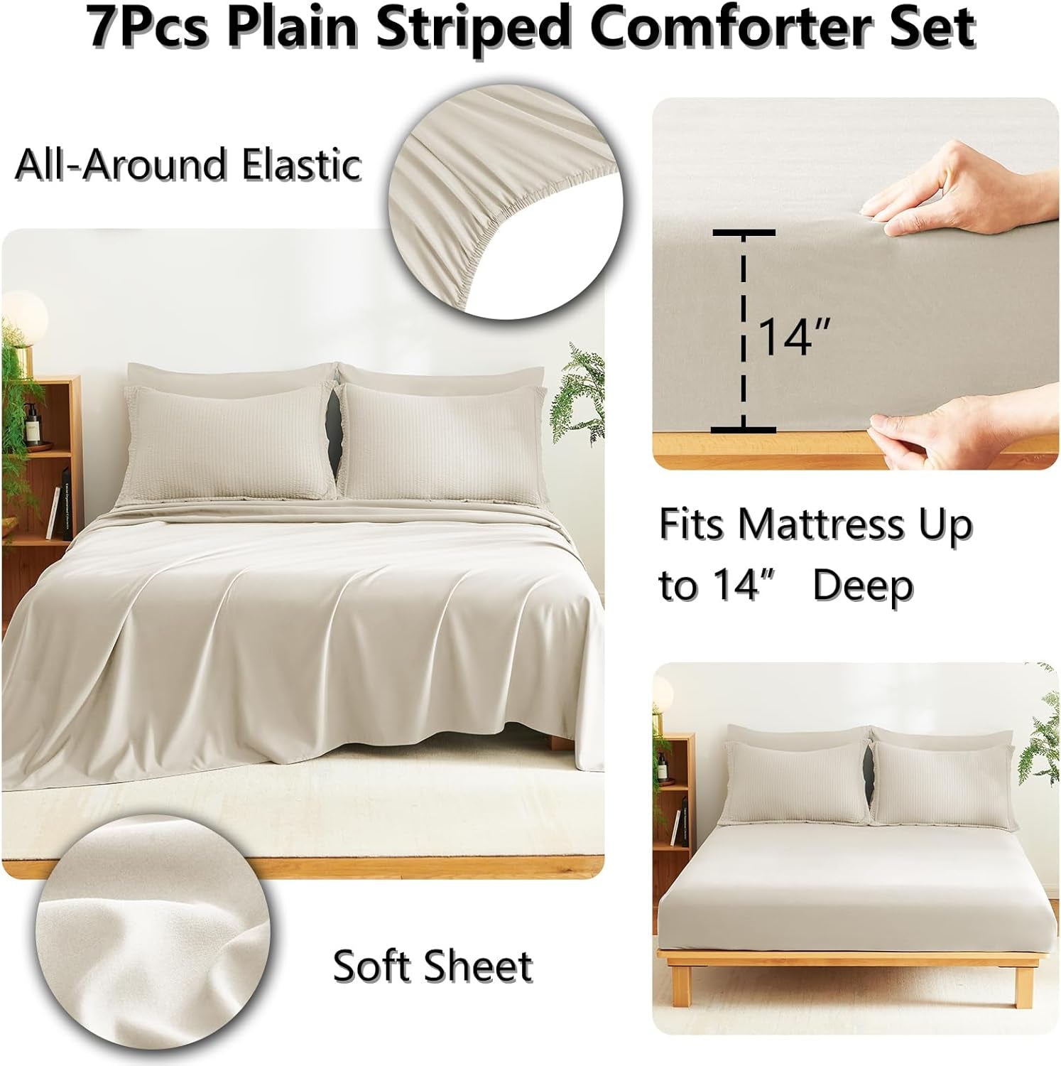 Queen Comforter Set - 7 Pieces Seersucker Bed in a Bag, Soft Lightweight Boho Bedding Set with All Season Comforters Queen Size, Sheets, Pillowcases & Shams, Beige Queen