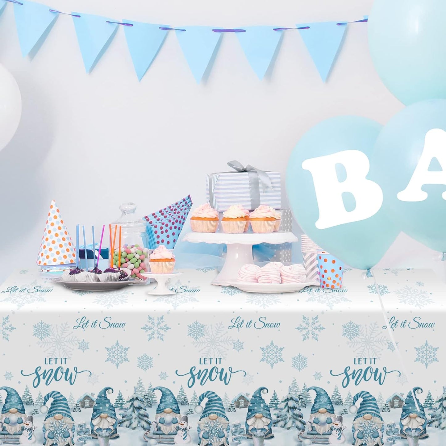 1 Pcs Christmas Winter Gnome Tablecloth, Plastic Disposable Christmas Let It Snow Snowflake Xmas Tree Ice Blue Table Cover for Xmas Winter Holiday Themed Party Decorations and Supplies, 54 X 108 Inch