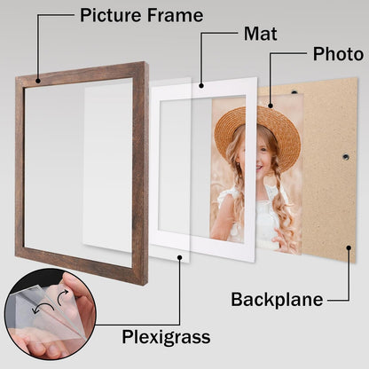 Brown Wood 8x10 Picture Frames with Mat for 6x8 Photos or Without Mat for 8x10 Photos, Distressed Finish, Set of 2 for Wall and Tabletop Display