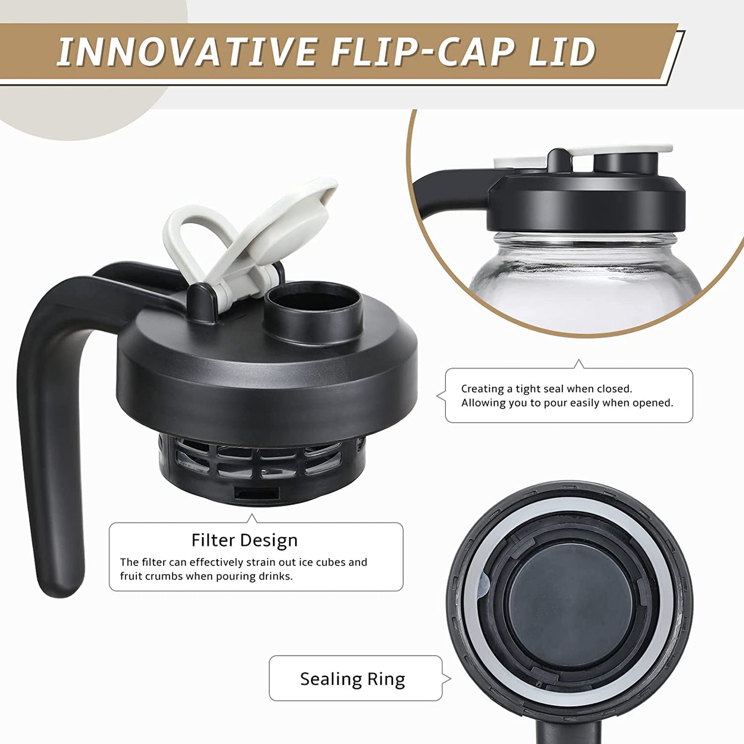 64 Oz Glass Pitcher with Lid - 2 Quart Mason Jar Pitcher with Filter Lid, Wide Mouth Jar Leak-Proof Water Jug, Heavy Duty Glass Container for Water, Juice, Milk, Tea, Iced Coffee, and Drinks