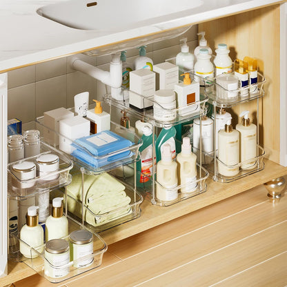 4 Pack Bathroom Organizers and Storage, 2 Tier Clear under Sink Organizer, Pull Out Medicine Cabinet Organizer