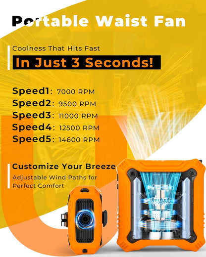 Portable Fan with 5-Speed Settings, Dual-Sided Clip on Wearable Belt Waist Fan for 8000Mah, 2 Settings Including Flashlight,Travel Essential for Outdoor Camping as Power Bank